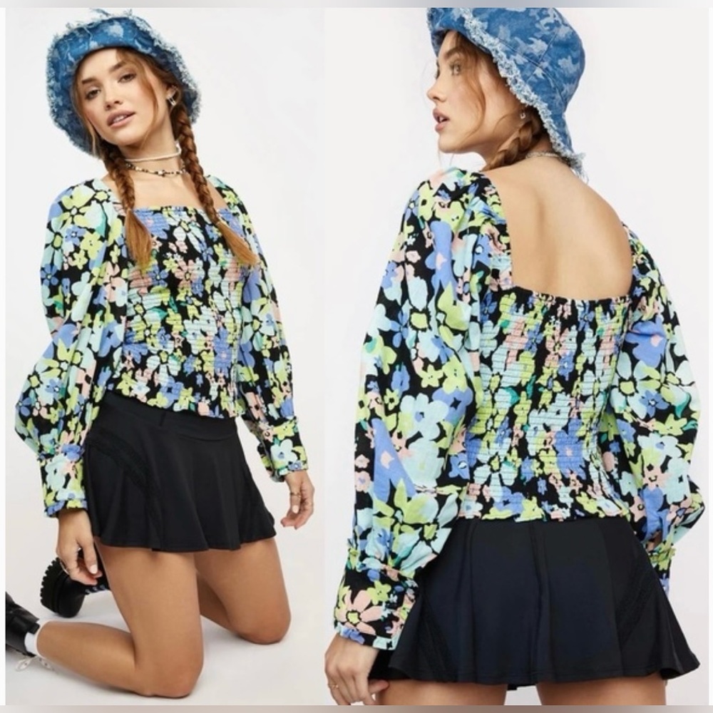 Free People Ariana Smocked Puff Sleeve Floral Print Size Small